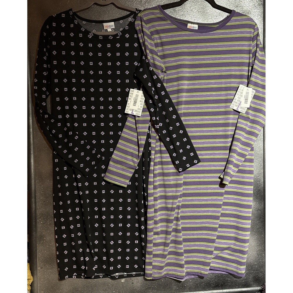 Lularoe Long Sleeve Knit Dress L Debbie Lot 2 Retro Striped Beetlejuice Colorway